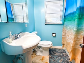 Combined shower/tub, hair dryer, towels, soap