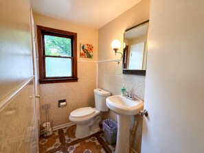 Combined shower/tub, hair dryer, towels, soap