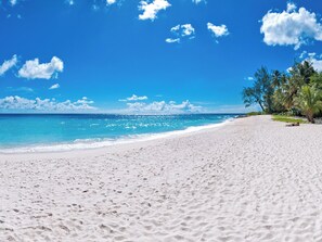 A beach with white sand, clear blue water, and palm trees. - Large 3-bed townhouse w/shared pool (Bridgetown)