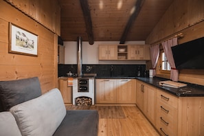 Interior acogedor de una cabaña con sofá, armarios de madera, una zona de cocina y una chimenea.
