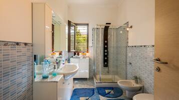 Shower, hair dryer, towels