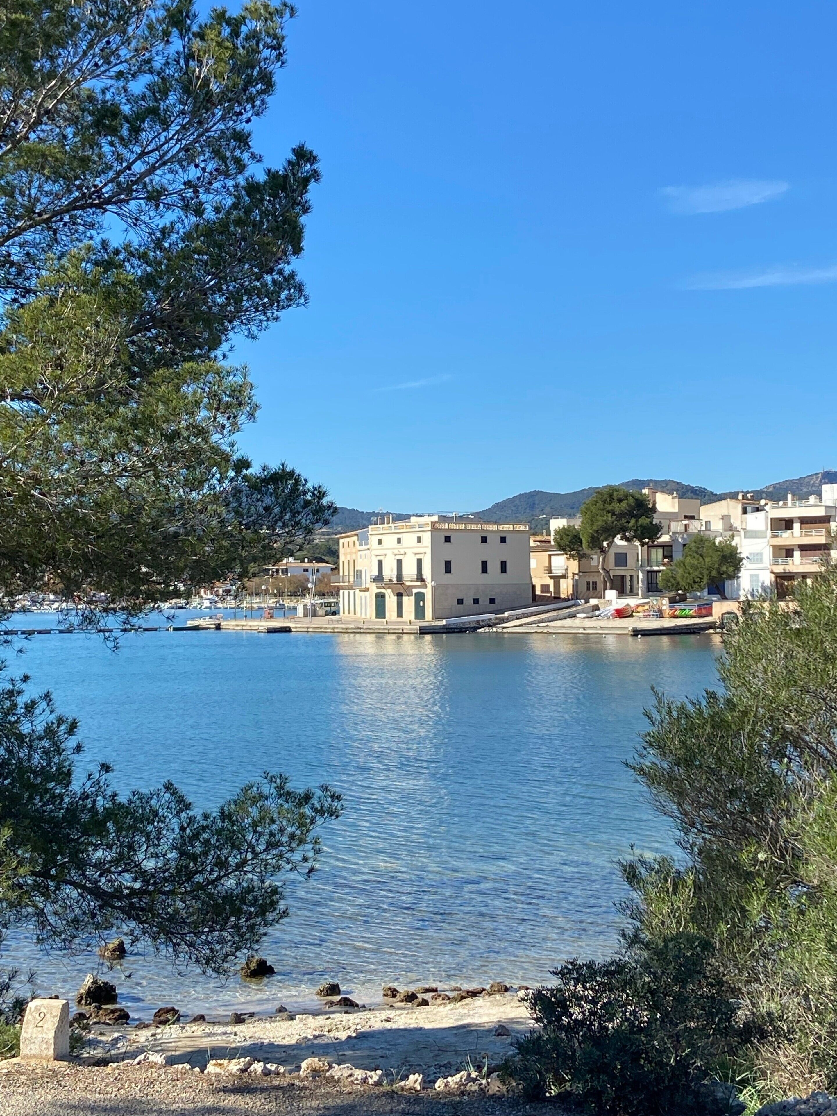 Une ville côtière avec des bâtiments qui bordent le front de mer, un ciel bleu dégagé et une eau calme.
