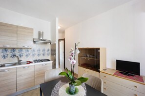 A modern kitchen with a gas stove, sink, and wooden cabinets. There is a dining table with chairs and a vase with flowers. A television is on a stand next to the table.