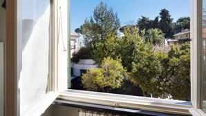 Une fenêtre donnant sur des arbres et des immeubles.