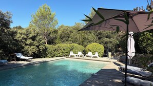 Ein Swimmingpool mit Liegestühlen und einem Sonnenschirm.