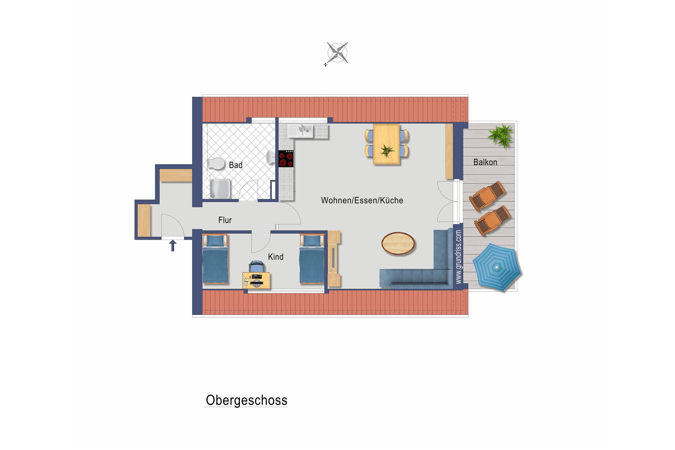 A floor plan of a hotel with a living room, kitchen, balcony, and two bedrooms.
