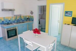 Une cuisine compacte équipée d’une cuisinière à gaz, d’un évier et de meubles blancs. Une table à manger avec des chaises se trouve au centre, et un vase avec des fleurs rouges est posé sur la table.