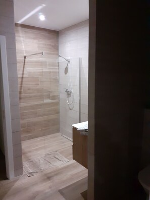 Dusche, Haartrockner, Handtücher, Toilettenpapier