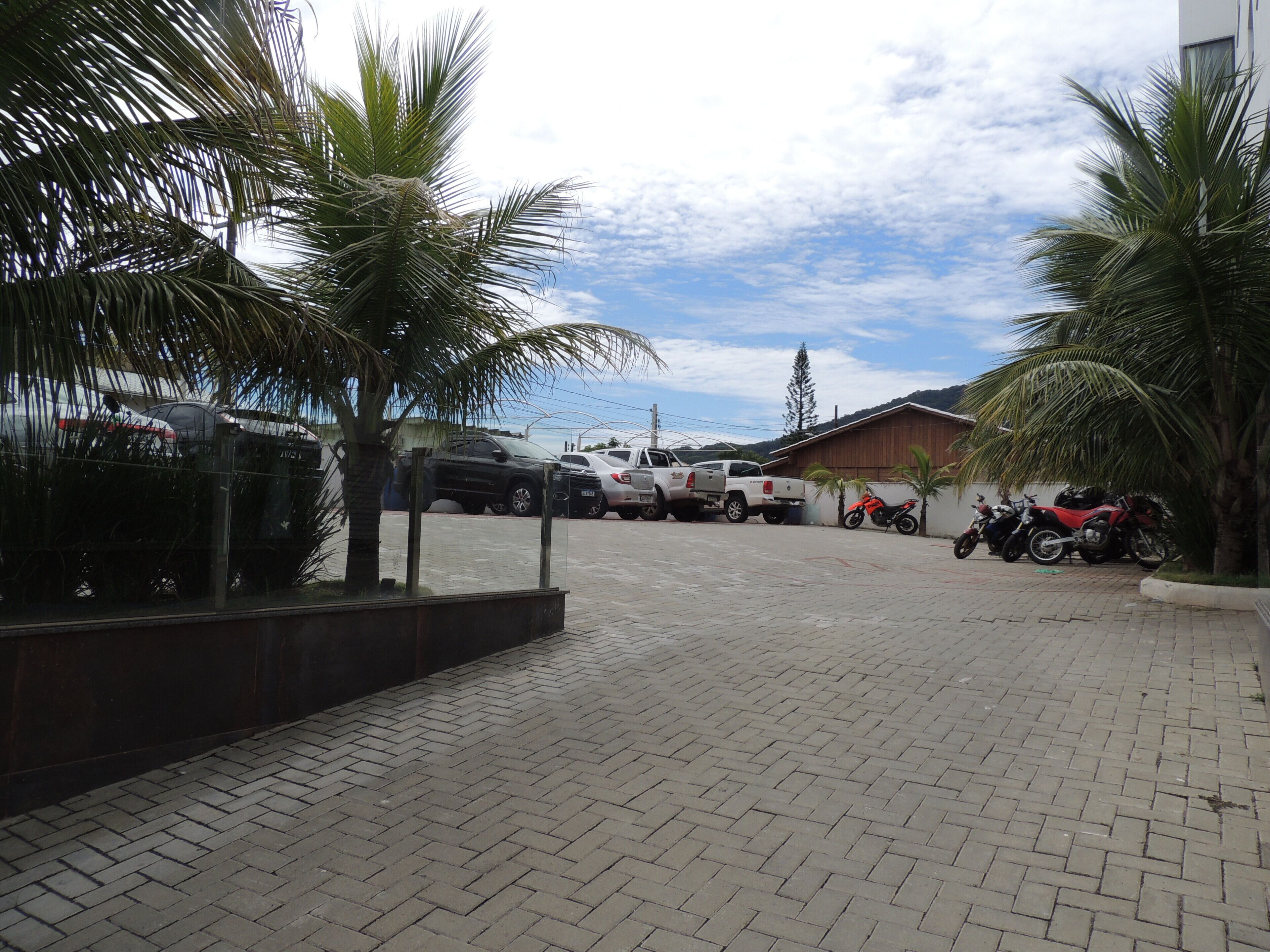 A paved parking area with several vehicles, including cars and motorcycles, and palm trees.