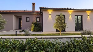 A modern house with a tiled roof, a chimney, and a well-maintained lawn. - Stylish Designer Villa with Pool & Guest Apartment Near the Sea (Nedescina)
