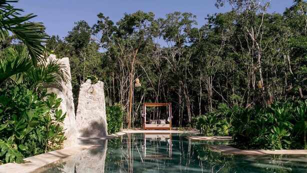 A serene outdoor pool area with a wooden deck and a wooden swing chair, surrounded by lush greenery and trees. - Lumina at LOSANTOS Tulum (Tulum)