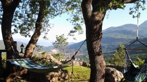 Un hamac est installé entre deux arbres, offrant une vue sur un paysage montagneux.