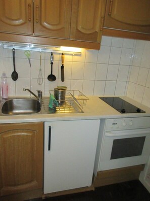 Fridge, microwave, oven, coffee/tea maker