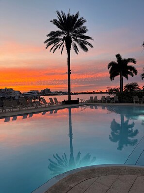 A swimming pool with lounge chairs and palm trees, reflecting the sunset.