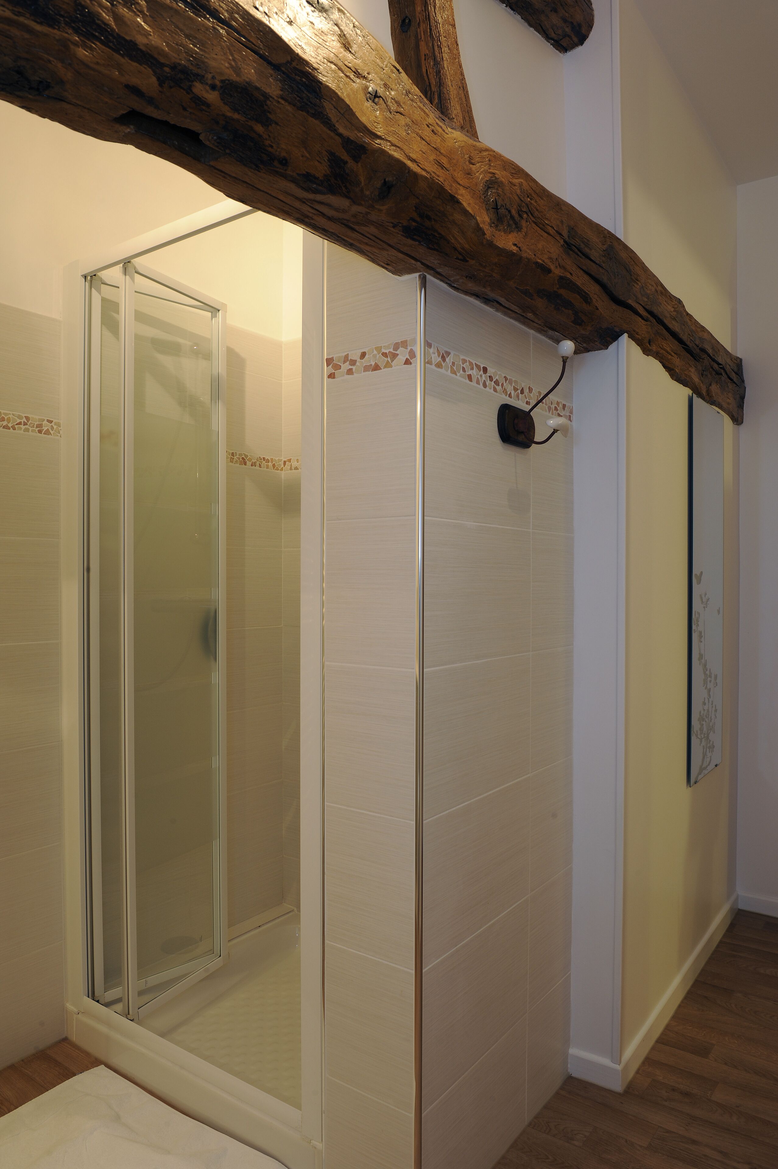 Douche, séchoir à cheveux, serviettes fournies, savon