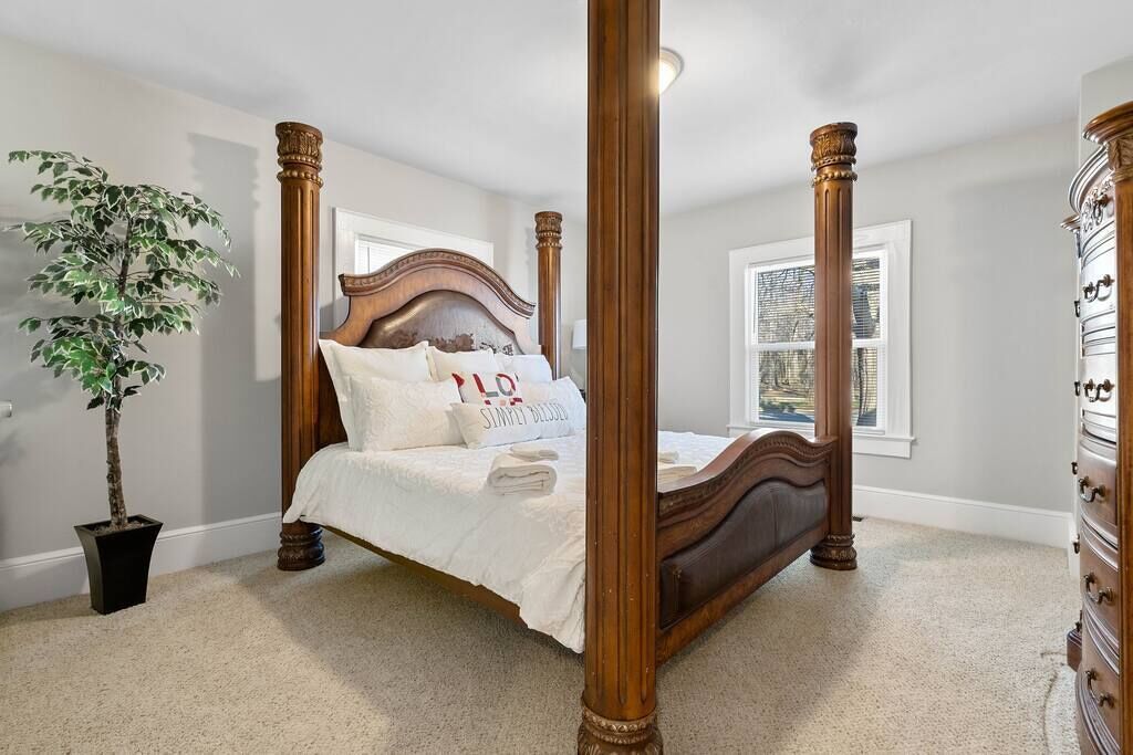 A four-poster bed with a wooden headboard and footboard, a potted plant, and a dresser with drawers.