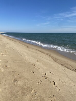A sandy beach with footprints leading to the water. - Coastal Cape Hideaway - Outdoor Shower & Fire-pit! (Mashpee)