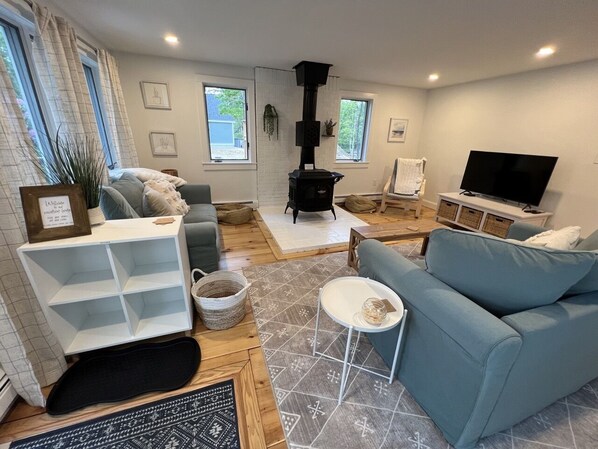A modern living room with a fireplace, a television, and a comfortable seating area. - Coastal Cape Hideaway - Outdoor Shower & Fire-pit! (Mashpee)