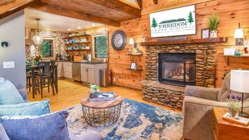 Smart TV, fireplace, books