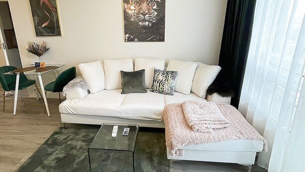A modern living room with a sofa, a glass coffee table, and a dark rug. There is a painting on the wall and a window with curtains. - Specious roofapartment apartment, tropical velvet (Helsinki)