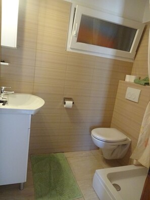 Douche, serviettes fournies, savon