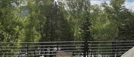 A balcony with a table and chairs, overlooking a forested area with a mountain in the background.