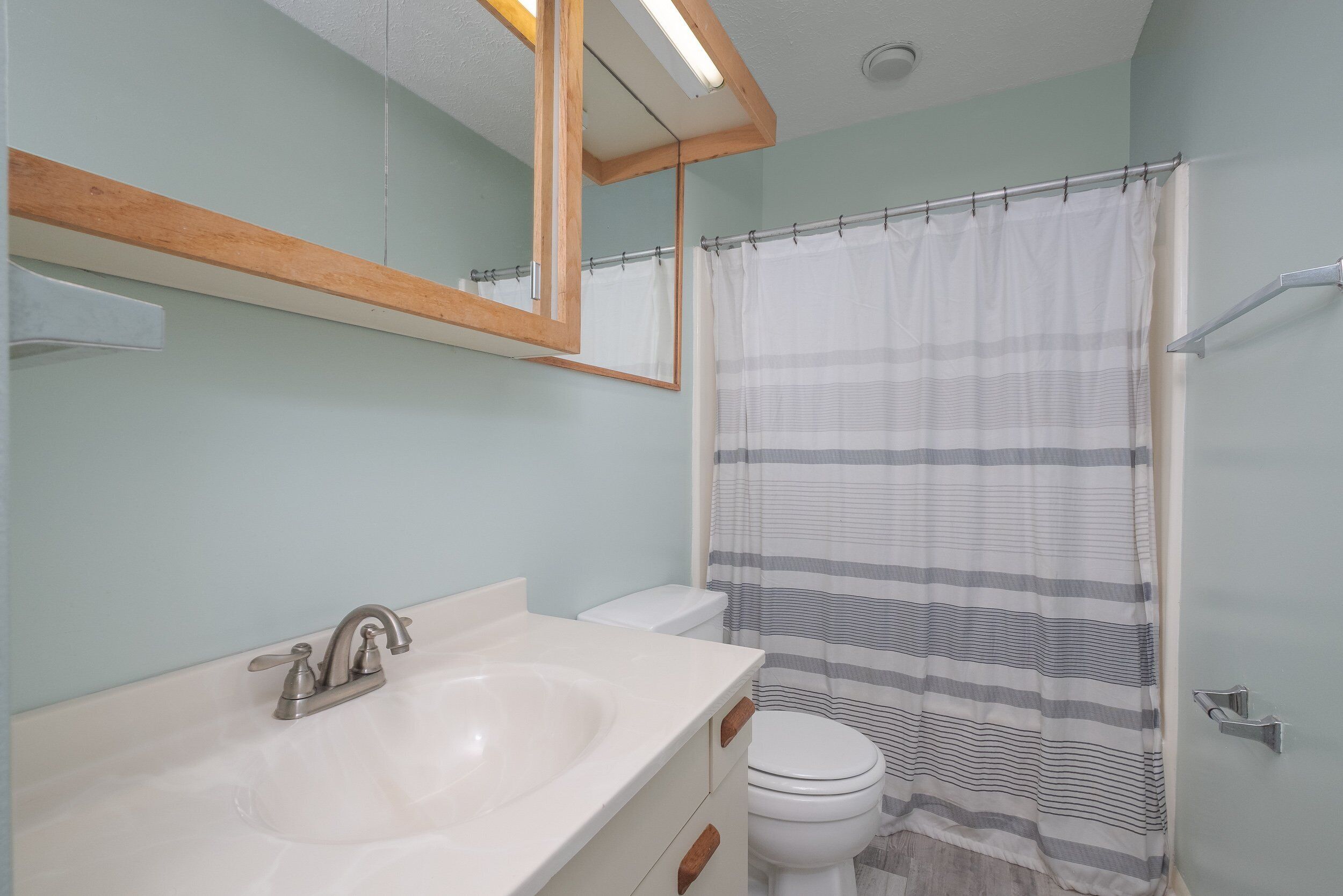 A bathroom with a white sink, a toilet, and a striped shower curtain.