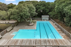 A rectangular swimming pool with a wooden deck surrounding it, set in a wooded area. - 4207-Windspinner - Duck Oceanside Retreat, Walk to Beach & Village (Duck)