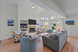 电视、壁炉、DVD 播放器、立体声音响