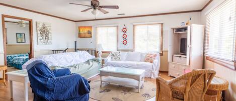 Televisie, een dvd-speler, tafelvoetbal en boeken