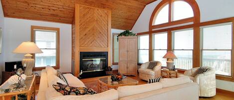 TV, caminetto, libri