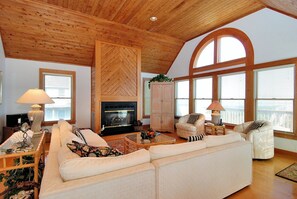 TV, fireplace, books - 2408 - Herring Gull, A beautiful oceanfront Outer Banks vacation home located in the town of Duck (Duck)