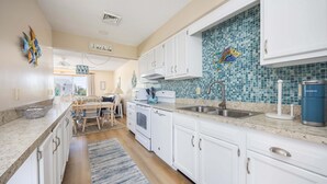 A modern kitchen with white cabinets, a blue mosaic backsplash, a stainless steel sink, and a coffee maker. - 4218- The Scotts' SandBar - Oceanside Duck Condo Near Beach & Dining (Duck)