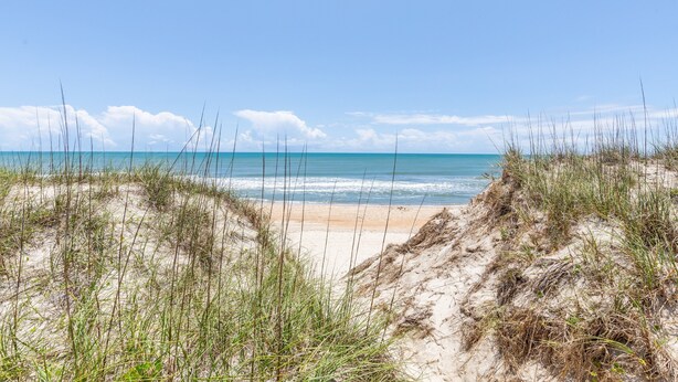 A beach with sand dunes and sparse vegetation. - 7847- Summerset - Dog Friendly Oceanfront Retreat in Frisco (Frisco)