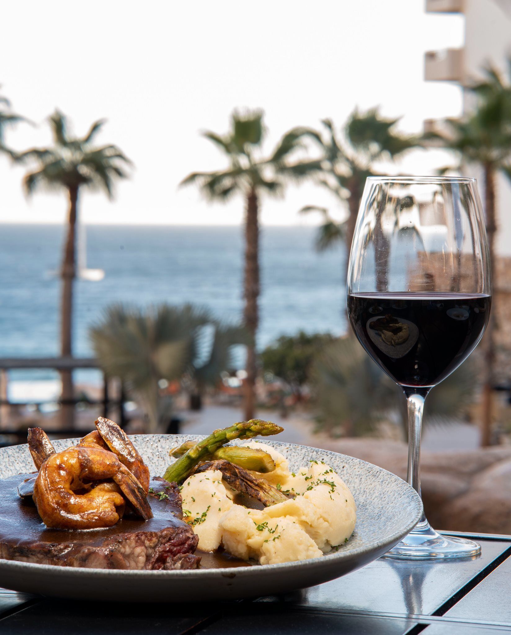 A plate of food with a glass of red wine, set against a view of the ocean and palm trees.