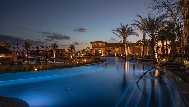 Zona de piscina con diseño curvo, palmeras y un edificio con ventanales arqueados.