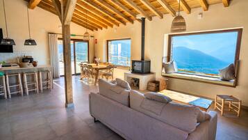 Een smart-tv, een open haard en boeken