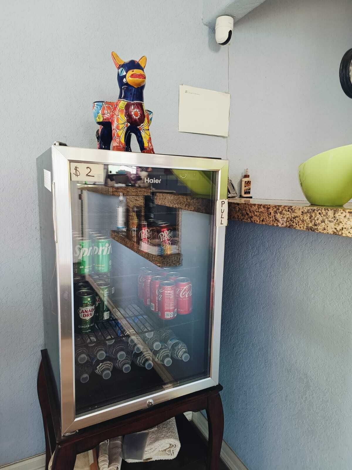 Een koelkast gevuld met drankjes, een Haier apparaat, en een decoratief speeltje bovenop.