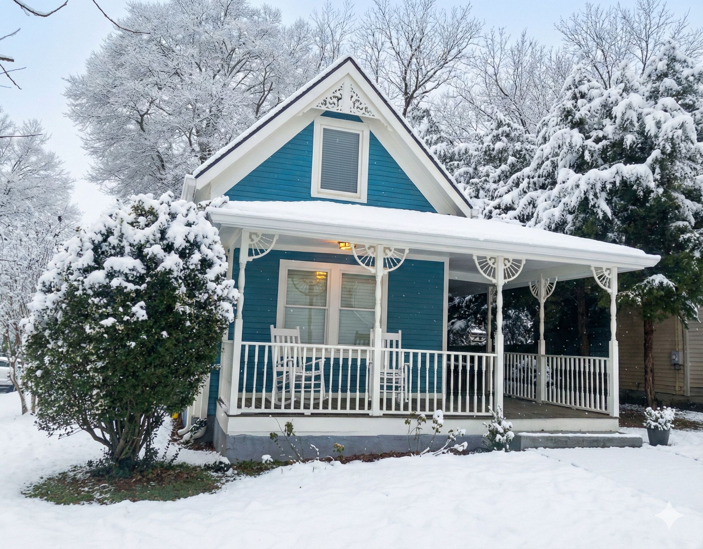Une maison à deux étages, avec une façade bleue et une véranda blanche.