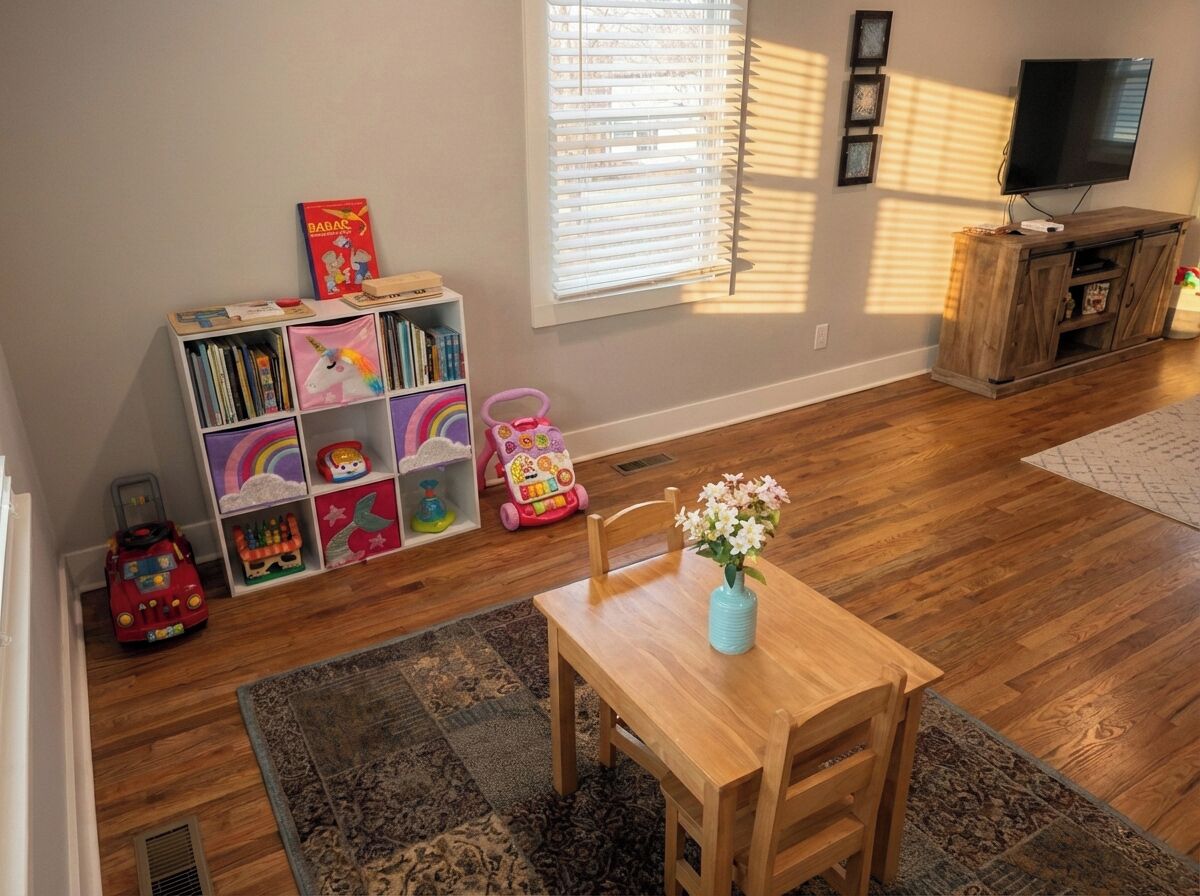A living room with a wooden table, chairs, a bookshelf, a TV, and a window with blinds.