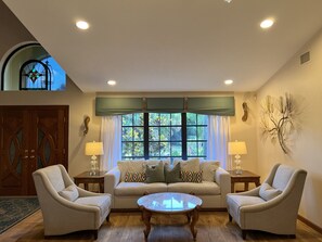 Smart TV, fireplace, video games, music library