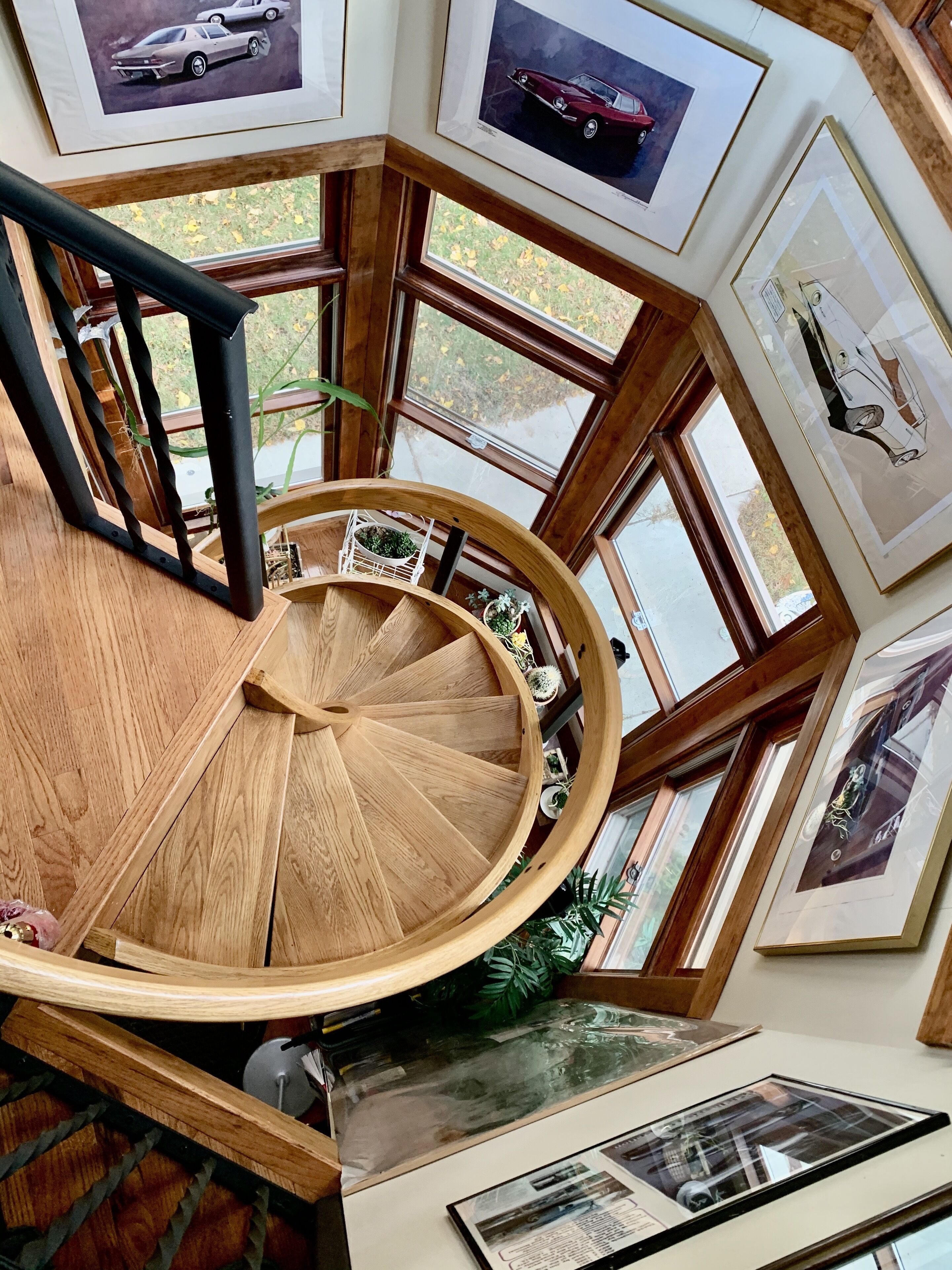 A wooden spiral staircase with a view of the outdoors through large windows, framed pictures on the walls, and a small white shelf with plants. - The Avanti Houses (South Bend)
