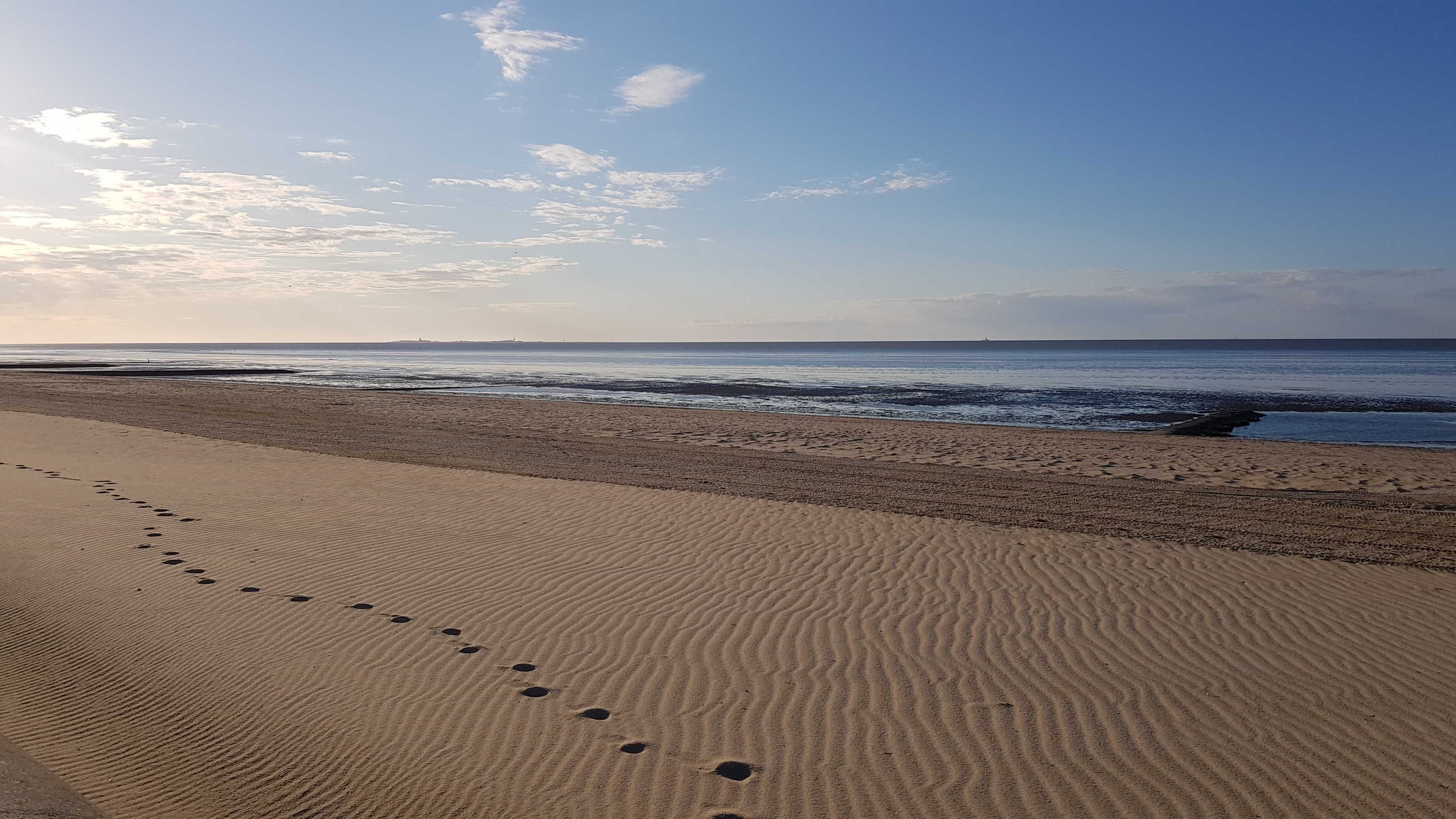 Une plage où l’on voit des empreintes de pas menant à l’eau, un ciel dégagé et des vagues qui se rapprochent du rivage.