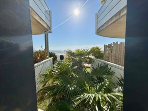 Vista desde un balcón sobre una playa con palmeras y una valla de madera.