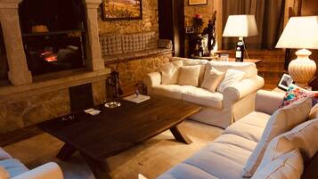 智能电视、壁炉、DVD 播放器、书