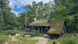 Eine rustikale Holzhütte mit einer Holzterrasse, umgeben von dichtem Wald.