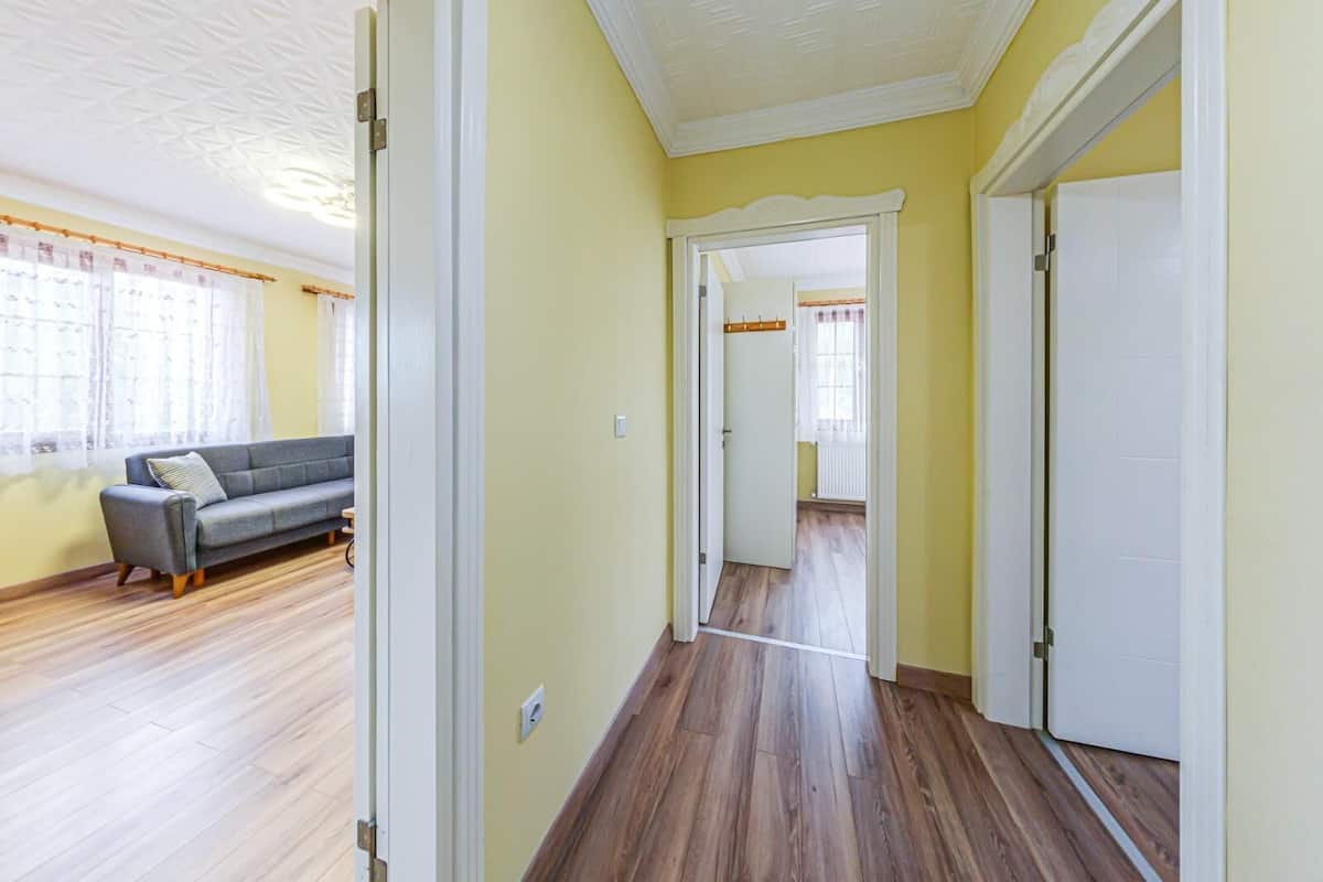 A hallway with wooden flooring, a grey sofa, and a white door.