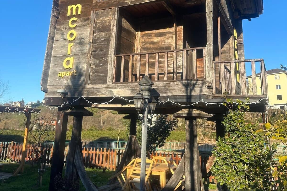 A wooden cabin with a red roof, labeled 'mcora apart', elevated on stilts with a balcony and a small porch area.
