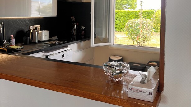 A modern kitchen with a wooden countertop, stainless steel appliances, and a window with a view of greenery. - Villa with private pool (Saint-Froult)