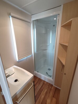 Shower, towels, toilet paper